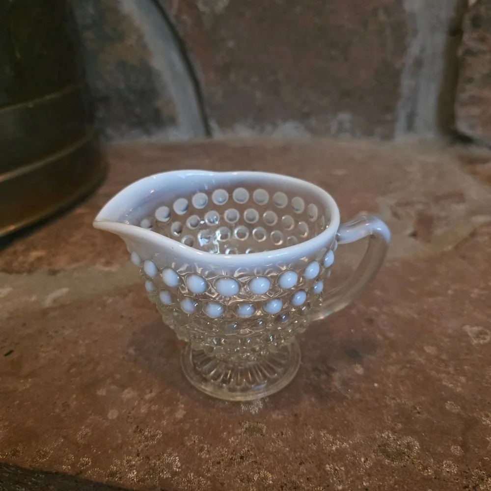 Fenton Hobnail Opalescent Milk Glass Footed Creamer Vintage Clear White Pitcher